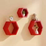 TFS Wall Mounted Hexagon Wall Shelves for Living Room, Bedroom, Office and More (Set of 3) MDF (Medium Density Fiber) Wall Shelf (Number of Shelves - 3, Red).