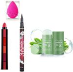 BUYTYA HDA36 Pro Waterproof Sketch Pen Eyeliner, Long Lasting Super Matte 5 in 1 Lipsticks, Branded Green Stick Mask