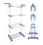BHARU Heavy Duty Space Saving/Movable/Stainless Steel Double Pole Cloth Drying Stand & Laundry Rack Stand (Blue, 3 Tier)