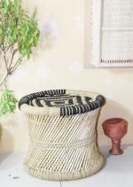 Handmakes Black and Beige Flower Design Bamboo Mudda Stool 15 x 16 inch