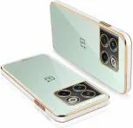 Star Craftune Back Cover for OnePlus 10T 5G (1+10T) Transparent, Premium, Straight TPU Edge Chrome Case | Solid Gold Border Scratch Protection Bumper Anti-Slip Square Slim Fit (White)