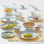 Larah by Borosil Kohinoor Blue Sapphire Opalware Dinner Set | 44 Pieces For Family Of 8 | Microwave & Dishwasher Safe | Bone-Ash Free | Crockery Set For Dining & Gifting | Plates & Bowls | White