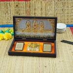 pujaNpujari Gold Plated Ram Darbar Ram Lakshman Sita Photo Frame with Charan Paduka for Pooja Room, Return Pooja Gift Box Set