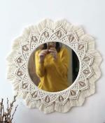 Saaz Macrame Fringe Round Wall Mirror Hanging Bohemian Handmade Boho Cotton Thread Art for Apartment Living Bedroom Room Wall Hanging Mirror Home decor Items. White, Framed