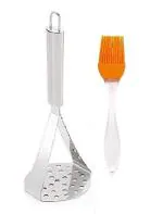 URBAN BUY Stainless Steel Potato Masher With 1 Pcs Silicon Basting Mini Oil Brush Only and Multicolour, Pack of 2