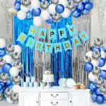 Zyozique Blue Birthday Party Decorations,Happy Birthday Supplies, Happy Birthday Banner, Blue White Silver Mettalic Balloons with Foil Fringe Curtains, Silver Birthday Decorations for Men Women Boys Girls(Pack of 35)