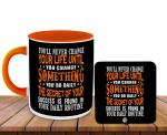Whats Your Kick Motivation Theme Blue Design Printed Orange Ceramic Coffee Mug with Desky 325 ML