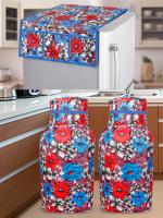 E-Retailer Exclusive 3 Layered Combo set of (1 Pc. of Refrigerator Top Cover with 6 Utility Pockets and 2 Pc. of LPG Gas Cylinder Cover) (Color- Blue, Design-Floral, Set Contains- 3 Pcs.)