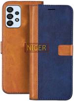 Niger Samsung A33 5G Blue and Brown Artificial Leather Scratch Proof Mobile Back Flip Cover with Holder