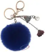 IACCESSORIES Fluffy Faux Fur Soft Pom Pom Ball Rose Flower Keychain Charm - Dark Blue, Perfect for Girls' Bags, Purses, Cars, Scooters, Bikes, and Home Keys