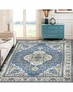 Status Contract Blue Fabric Ice Silk Velvet Touch Persian Kashmiri Vintage Carpet Rug With Anti Slip Backing For Home And Office - 4 x 6 Feet