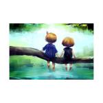 SHASWAT ART Painting of Young Couple Sitting on a Log in The Water Sparkle Coated Self Adhesive Wallpaper Without Frame Digital Reprint 24 inch x 36 inch Painting