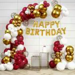 SpecialYou.in Red and Gold Theme Happy Birthday Decoration Items with Metallic Gold, Confetti, White and Red Balloons- Set of 65 Items