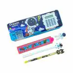 FULLKART Astronaut Plastic Pencil Box Case with Calculator, 1 Gel Pen, Stack Pencil, Scale and Eraser Stationery Set Organizer for Kids, Boys, Girlsr (Assorted Stationery Items Designs