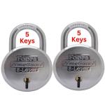Foora Lock and Key PrimeGuard Pack of 2 Round 65mm Steel Padlock with 5 Keys, Original Hardened Shackle, Double Locking Lock for Home, Gate, Shutter, Shop (Silver)