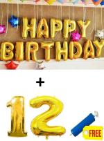 Festiko 12Th Birthday Decorations (Happy Birthday Foil Balloon Pack Of 13 Letters, Gold, Number 12 Foil Balloons With Balloons Pump) (12Th Birthday)