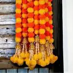 WDECOR Indian Handmade Marigold Garland for Decoration With Rajnigandha and Bells Yellow, Orange Marigold Artificial Flower (58 inch, Pack of 5, Garlands)