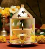 Ein Sof 8 inches Akhand Diya Decorative Brass & Glass Oil Lamp Tea Light Holder Lantern, Cylinder Shaped Diya Lantern (Gold and White)