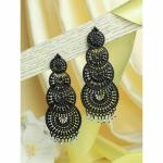Priyaasi Black Metal Long Round Floral Drop Earrings For Women