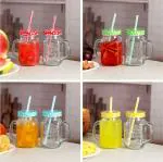 Mason Glass Jar with Handle, Lid & Straw Pack of 4 (Multicolour)