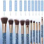 STUNHUB Glitter Makeup Brushes Sets -10pcs Cosmetic Brushes Set Bling Crystal Blue Makeup Brushes Set - Premium Synthetic Foundation Powder Concealers Eye Shadows Brush With Pu Bag