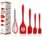 Kiwilon 5 Pieces Seamless Non-Stick Silicone Baking Cooking Tool Set Kitchen Utensils Heat Resistance ( Large Spatula, Small Spatula, Oil Brush, Whisk, Turner ) (Red)