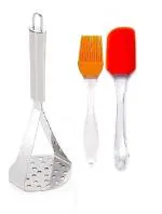 Stainless Steel Potato Masher With Silicon Basting Mini Spatula Set and Multicolour, Pack of 2