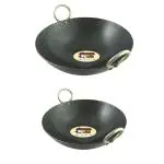 KITCHEN SHOPEE Pure Iron cookware set 2pes combo Kadai Traditional deep Frying Pan Kadhai cooking Heavy Handmade Lokhand Base induction Friendly 9 inch 10 inch 23 cm 25 cm 5.25 Liter