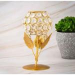 ROMJ Candle Holder Handmade Crystal Rose Golden Design Candle Holder Tea Light Stand,Home Decor Glass with Leaf Shape Gifting, Christmas, Diwali