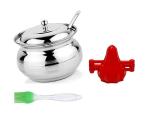 Stainless Steel Ghee Dani or Ghee Pot With Silicon Basting Mini Oil Brush Only and Multicolour, Pack of 2
