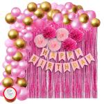 Party Propz Foil, Paper, Latex Birthday Paper Banner, Pink Pom Pom, Foil Curtain, Pink Golden Balloons, Arch (Set Of 49)