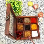 Shan Handicrafts Brown Wood 9 Small Partitions Table Top Masala Dabba Containers Jars For Kitchen