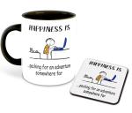 Whats Your Kick Happiness is Packing for an adventure some were far Design Printed Black Ceramic Coffee Mug with Coaster and Tea Mug 325 ML