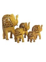 PALPAL Yellow Wooden Elephant Family Set Showpiece For Home Décor