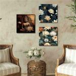 SAF Wooden Framed Canvas Painting || Set Of 3 Lord Buddha And Floral Theme Canvas Wall Art Painting for Home Décor And Office||For Bedroom,Living Room Home wall and Office Interior PRE-CR169
