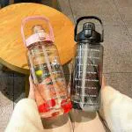 4tens Transparent Motivational Water Bottles with Time Marker GYM Big Water Bottle with Straw & Handle Leakproof BPA Free Fitness Sports bottle (2000 ml, Multicolor)