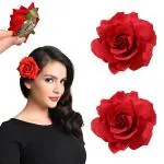 LYKAA Hair Accessories For Women & Girls - Stylish Artificial Rose Artificial Flowers Bun Juda Clips for Style & Decoration -Handmade Bridal Brooch & Braid for Hairstyle of Bride, Wedding & Party (2 Pcs,Red)