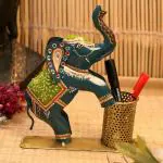Trinity Craft Iron Elephant Pen Stand In Multicolor Handmade Decorative Show Pieces for Home Decor & Showcase Items for Home Decoration & Table Decor (8.5x2.5x9.5) Inch