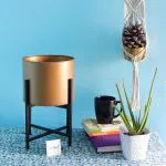 ecofynd Centuria Mid Century Metal Plant Pot With Metal Stand (Pot: Gold, Stand: Black)