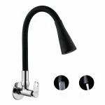 SPAZIO Max Brass Sink Cock Tap/Sink Faucet with Black 360 Degree Flexible Silicon Swivel Spout & Dual Flow Pattern, Hot/Cold Water for Kitchen Sink, Wash Basin, Chrome Finish with Wall Flange