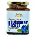 FORE HEALTH Superfood Blueberry Pickle:- In Cold Pressed Extra Virgin Olive Oil And Apple Cider Vinegar Blended With Several Healthy Spices, Packed In Glass Jar safe for pickcle storage, Blue berry ka achaar jaitoon ke tel mein (225gm X Pack Of 1)