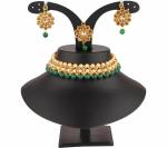 Gyaan Jewels Handmade Gold Plated Brass Necklace, Earring and Maang Tikka Set Green (Women, Girls) Free Size