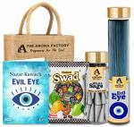 The Aroma Factory Nazar Kavach Gift Hamper Set (Swad Mix 25 Candy, Incense Evil Eye Agarbatti, White Sage Dhoopcone, Greeting Card, Jute Bag) Gift Item