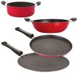 Nirlon 4 pcs of Red, Black 3 Layer Non-stick Aluminium Coated Kitchenware Essential Combo Set with Bakelite Handle Standard