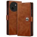 Fashionury Flip Back Cover for Vivo T3X 5G | Genuine Leather | Designer Button | Inbuilt Pockets & Stand | Flip Cover Back for Vivo T3X 5G (Brown)