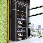 Zofey Multipurpose Portable Folding Shoes Rack 9 Tiers Multi-Purpose Shoe Storage Organizer Cabinet Tower with Iron and Nonwoven Fabric with Zippered Dustproof Cover)(Shoes Rack for Home)