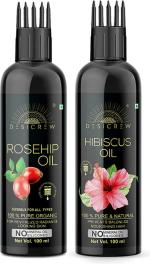 Desi Crew 100 Percent Pure Rosehip and Hibiscus Hair Oil with Comb Applicator Cold Pressed for Skin, Body and Hair Care 100 ml Each