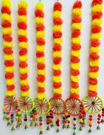 SPHINX Artificial Marigold Fluffy Flowers with Velvet Pom Pom/Gota/Beads and Golden Bell Dream Catcher Wall hangings (Height Approx. 96cm/ 37.79inch/ 3.14ft) 6 Pieces (Yellow & Dark Orange)