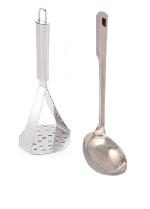 Stainless Steel Potato Masher With Stainless Steel Chamcha Spoons and Multicolour, Pack of 2