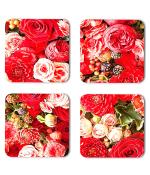 Whats Your Kick Flowers Beautiful Red And White Rose Flower Design Printed Set of 4 Coaster With Metal Stand